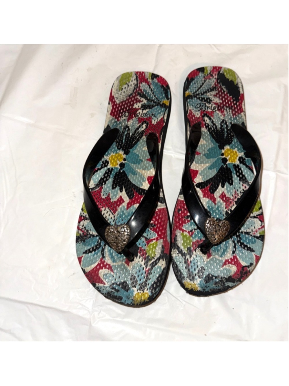 Brighton Black Red Blue Floral Flip Flops Sandals Classic Silver Heart Women 7-8